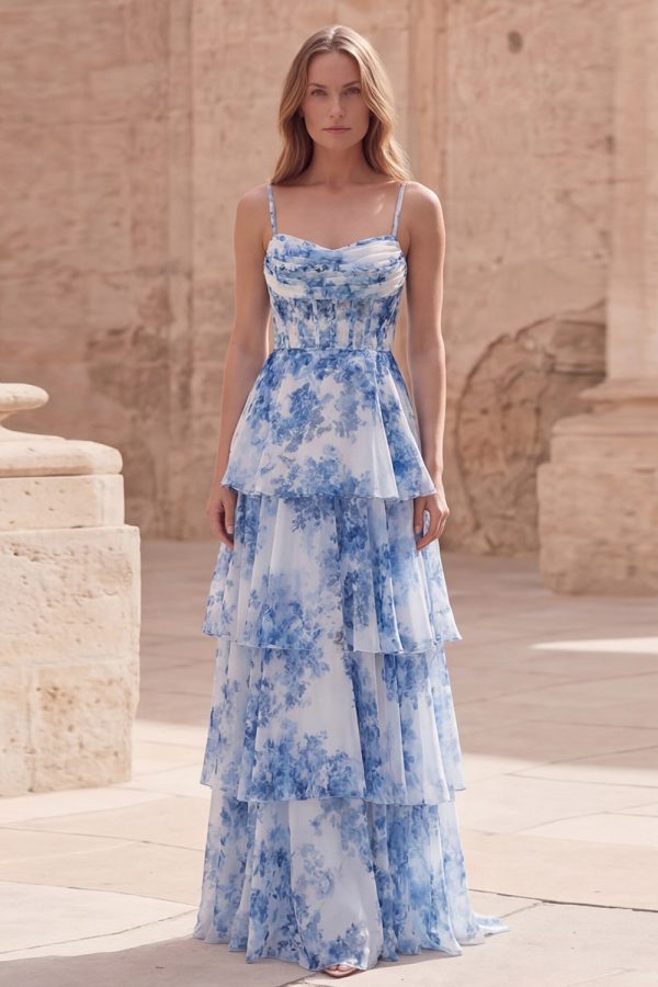 Tiered Blue Floral Corset Maxi Prom Dress