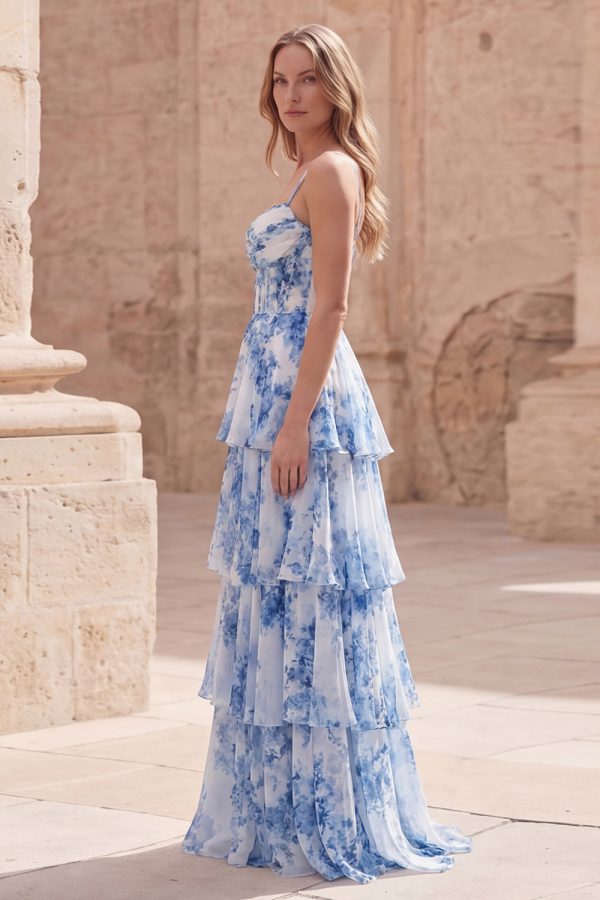 Tiered Blue Floral Corset Maxi Prom Dress - Image 3