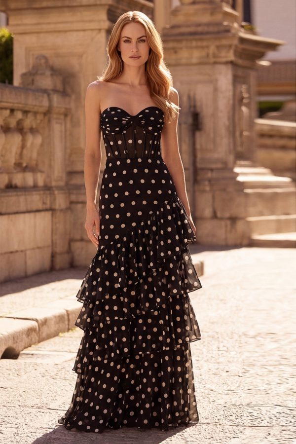 Tiered Strapless Polka Dot Black Corset Prom Dress - Image 1