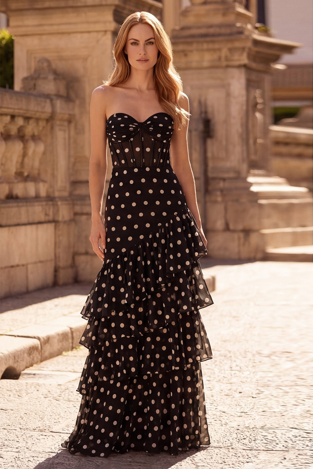 Tiered Strapless Polka Dot Black Corset Prom Dress - Image 1