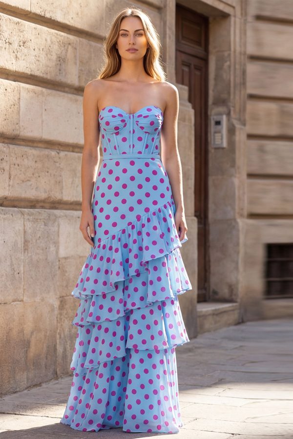 Tiered Strapless Polka Dot Black Corset Prom Dress - Image 6