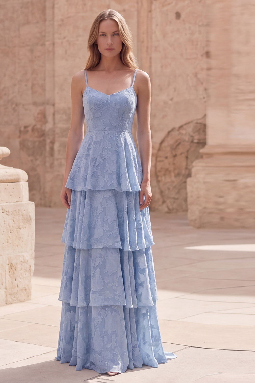 Tiered Jacquard Dusty Blue Maxi Prom Dress - Image 1