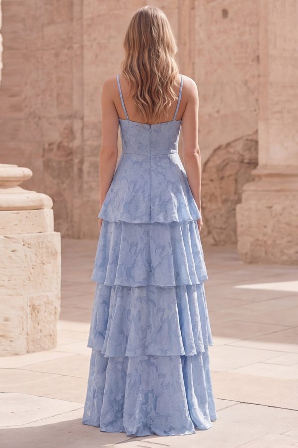 Tiered Jacquard Dusty Blue Maxi Prom Dress - Image 2