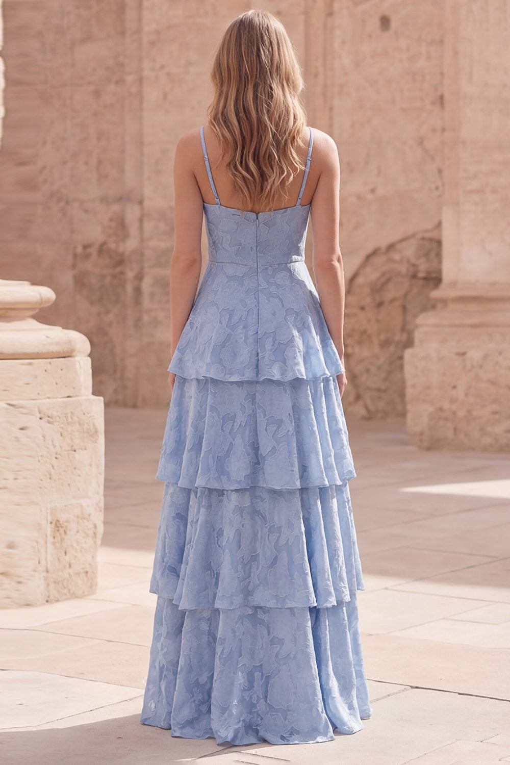 Tiered Jacquard Dusty Blue Maxi Prom Dress - Image 2