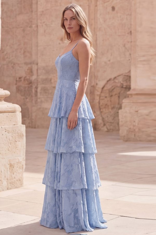 Tiered Jacquard Dusty Blue Maxi Prom Dress - Image 3