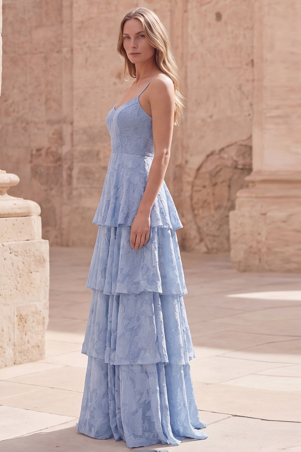 Tiered Jacquard Dusty Blue Maxi Prom Dress - Image 3