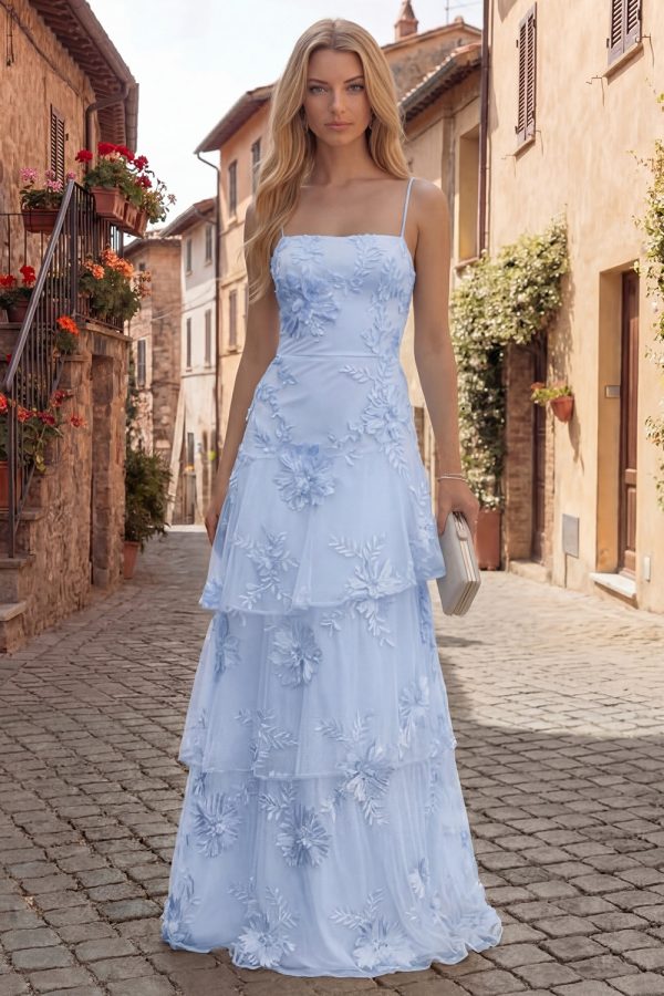 Tiered Appliqued Yellow Maxi Prom Dress - Image 5