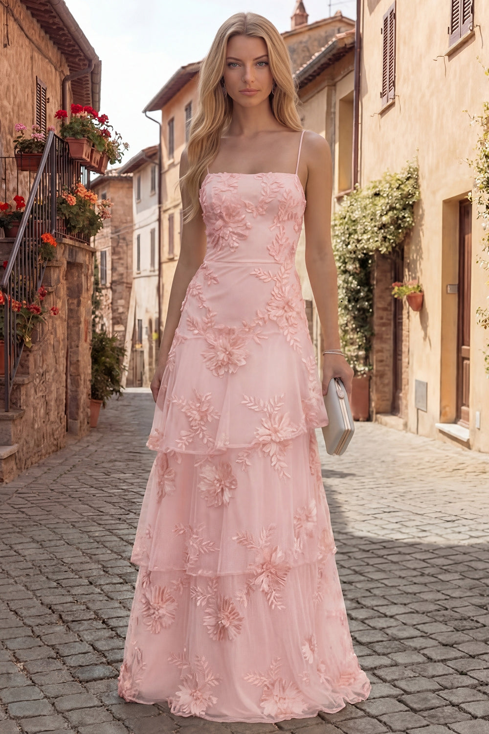 Tiered Appliqued Yellow Maxi Prom Dress - Image 7