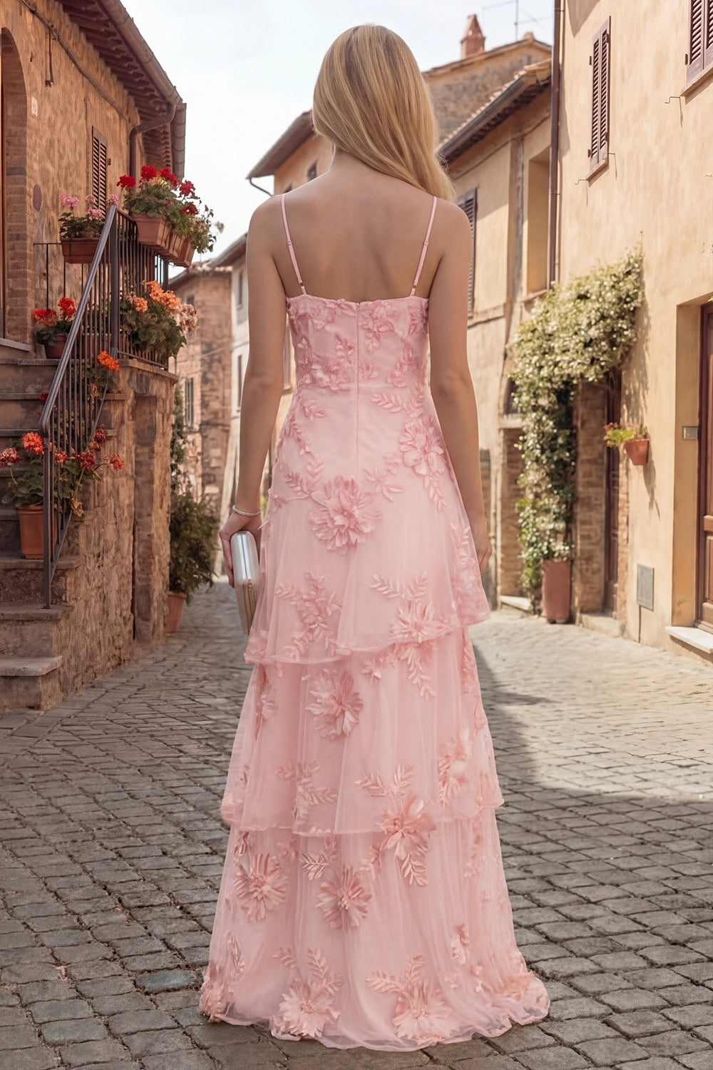 Tiered Appliqued Yellow Maxi Prom Dress - Image 8
