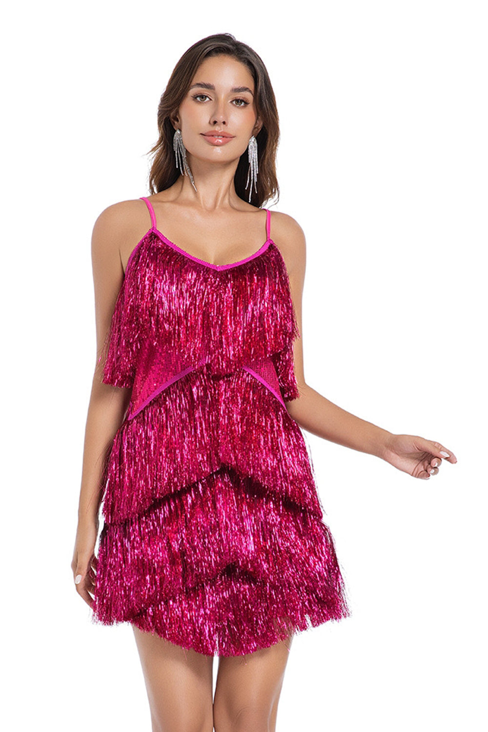 Tiered Fuchsia Fringed Sheath Cocktail Dress - Image 1