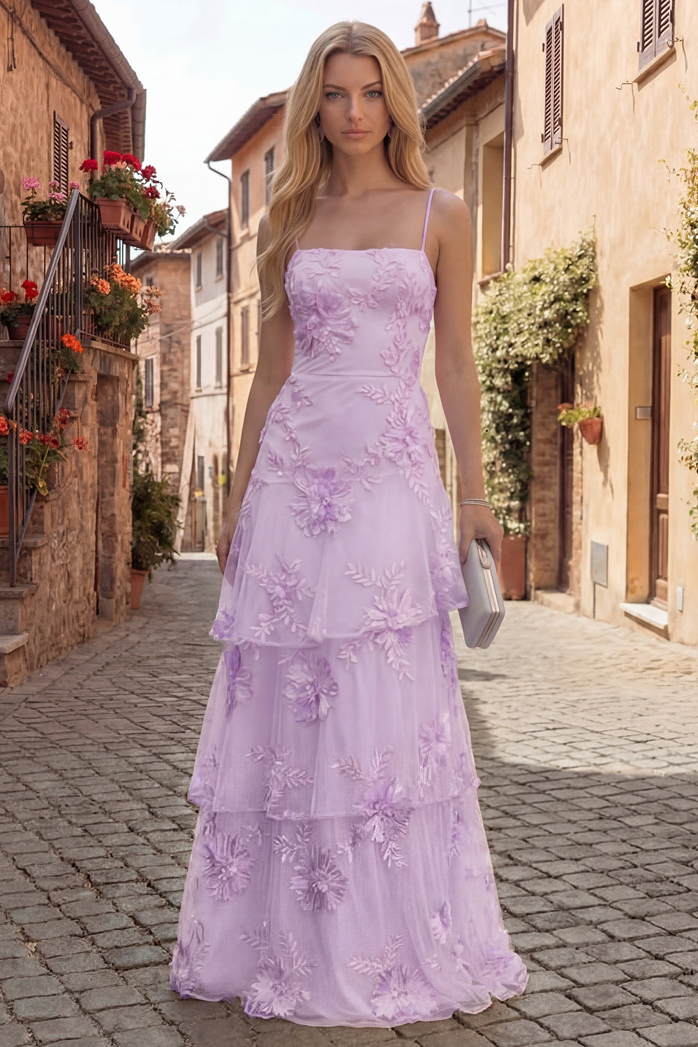 Tiered Appliqued Yellow Maxi Prom Dress - Image 9