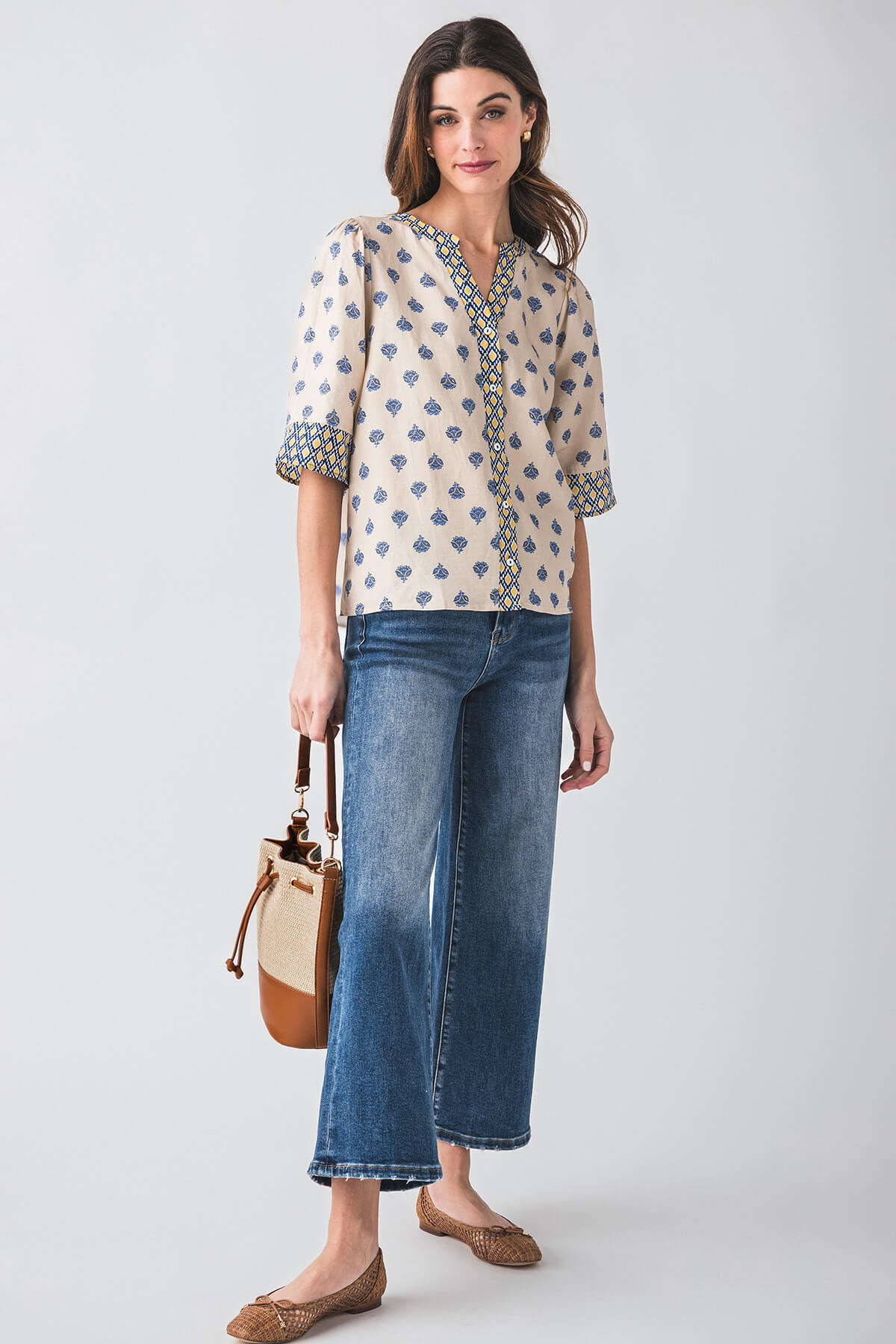 Floral Contrast Print Details Button-up Top - Image 2