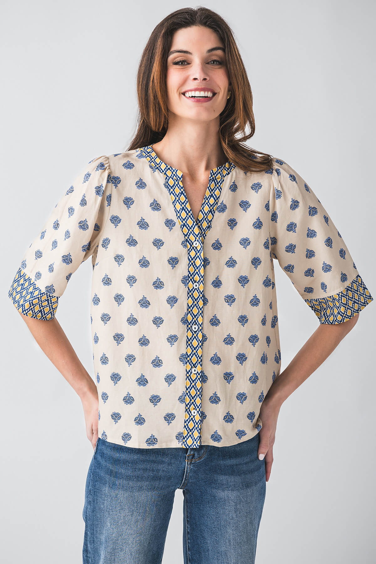 Floral Contrast Print Details Button-up Top - Image 1