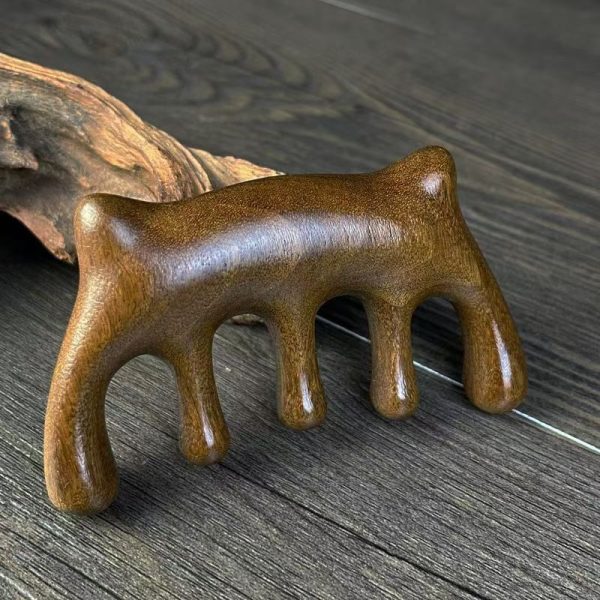 Natural Sandalwood 5-Tooth Scalp Massage Comb, Handmade Wooden Meridian Massager for Head Stress Relief, Anti-Static Hair Care Tool