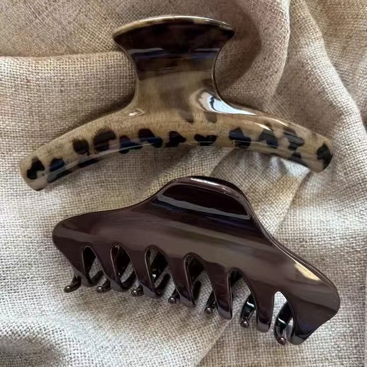 2Pcs Large Glossy Hair Claw Clips Set, Leopard Print & Dark Brown Solid Acrylic Non-Slip Barrettes for Thick Long Hair Women - Image 1