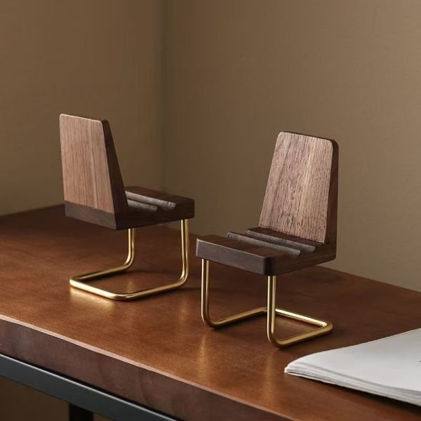 Mini Walnut Wood Chair Shape Phone Stand, Brass Metal Base Desktop Cell Phone Holder for iPhone Tablet Desk Decor