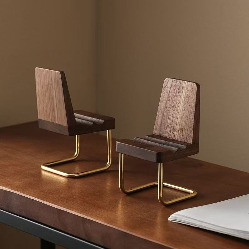 Mini Walnut Wood Chair Shape Phone Stand, Brass Metal Base Desktop Cell Phone Holder for iPhone Tablet Desk Decor - Image 1