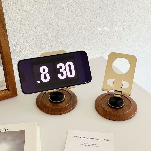 360° Rotatable Wooden Base Phone Stand, Adjustable Metal Back Plate Cell Phone Holder for Desk, Multi-Angle Smartphone Support