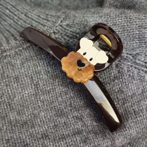 Cute Cartoon Puppy Cross Hair Claw Clip, Glossy Dark Brown Acrylic Non-Slip Barrettes for Girls Thick Hair, Sweet Daily Hair Accessory
