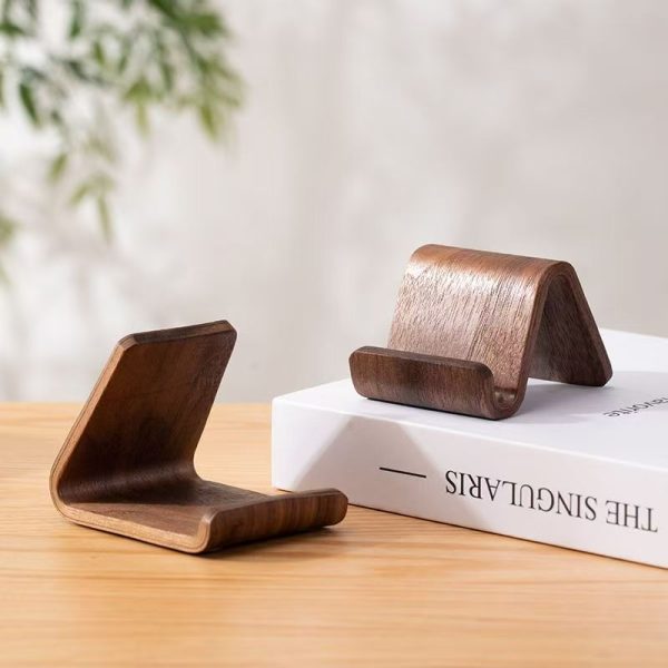 Natural Walnut Curved Wood Phone Stand, Foldable Integrated Wooden Cell Phone Holder for Desk, Universal Smartphone Tablet Cradle