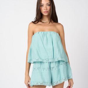 Strapless Lace Trim Overlay Jumpsuit
