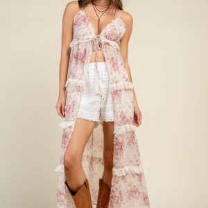 CAMI MIDI TIE FRONT TOP W/ LACE TIERED DETAIL
