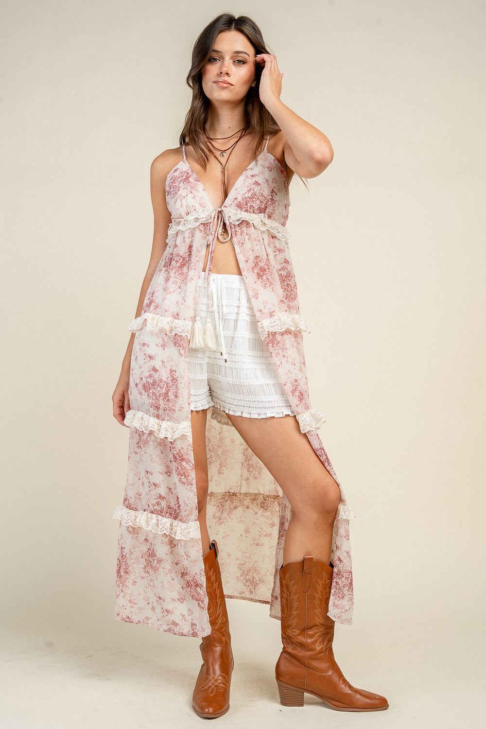 CAMI MIDI TIE FRONT TOP W/ LACE TIERED DETAIL - Image 3