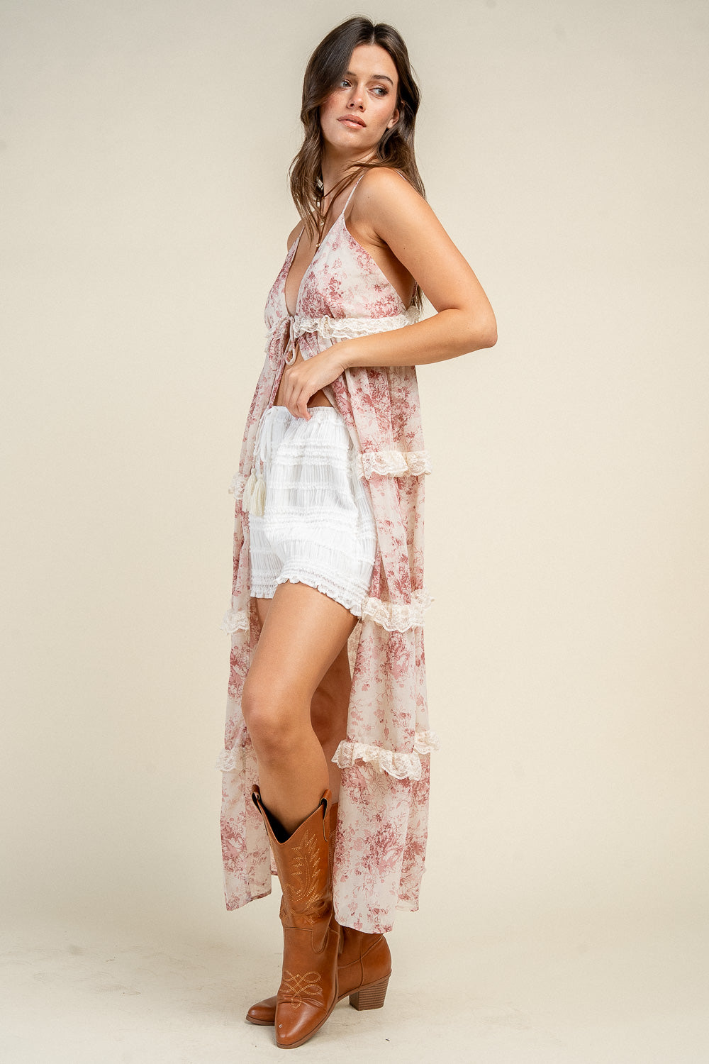 CAMI MIDI TIE FRONT TOP W/ LACE TIERED DETAIL - Image 4