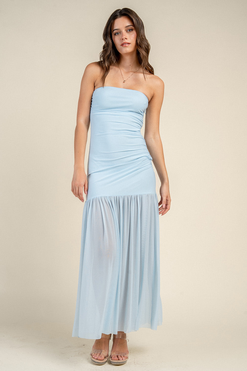 STRAPLESS RUCHED BODICE DROP WAIST MAXI DRESS - Image 2