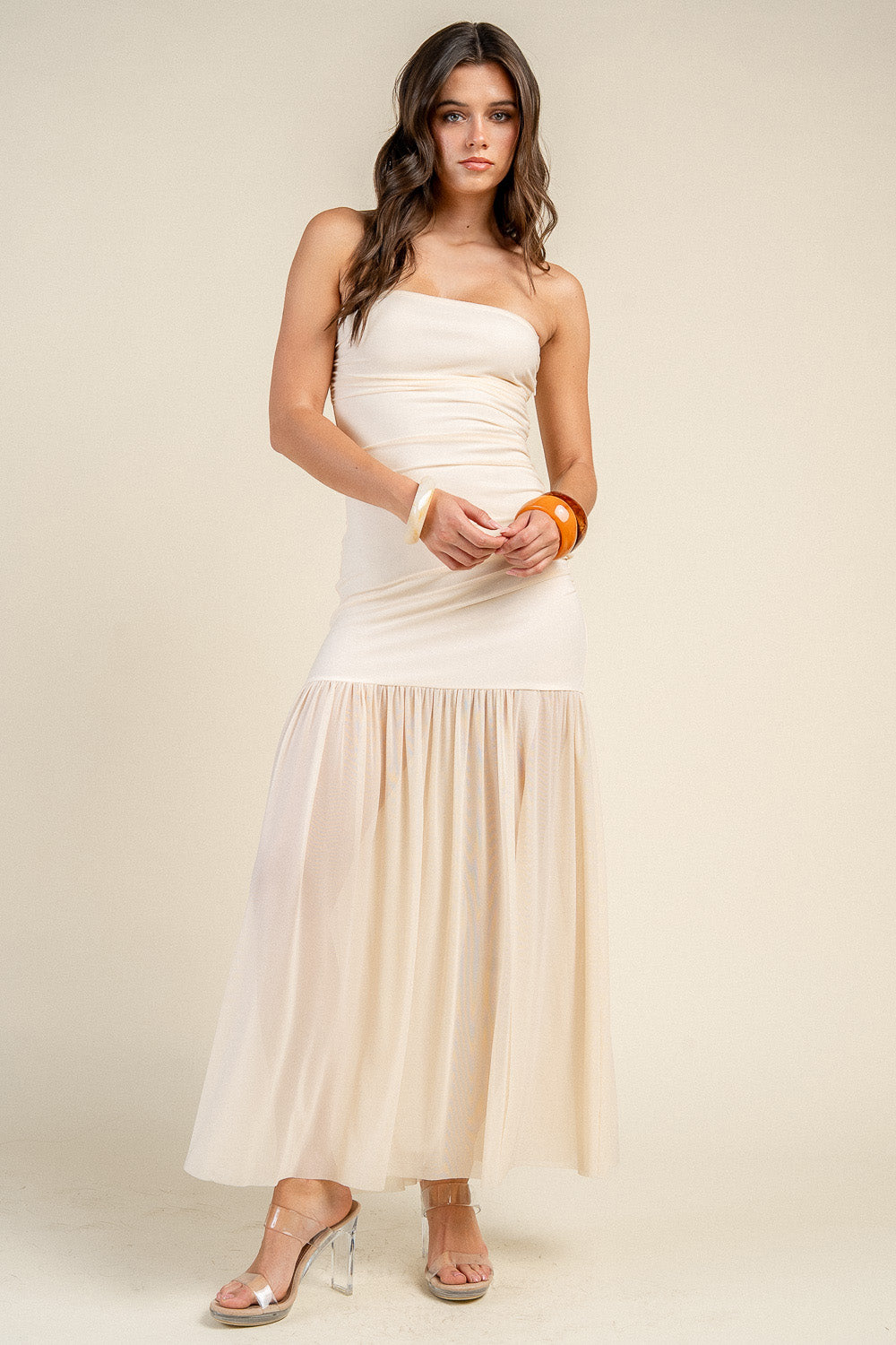 STRAPLESS RUCHED BODICE DROP WAIST MAXI DRESS - Image 7