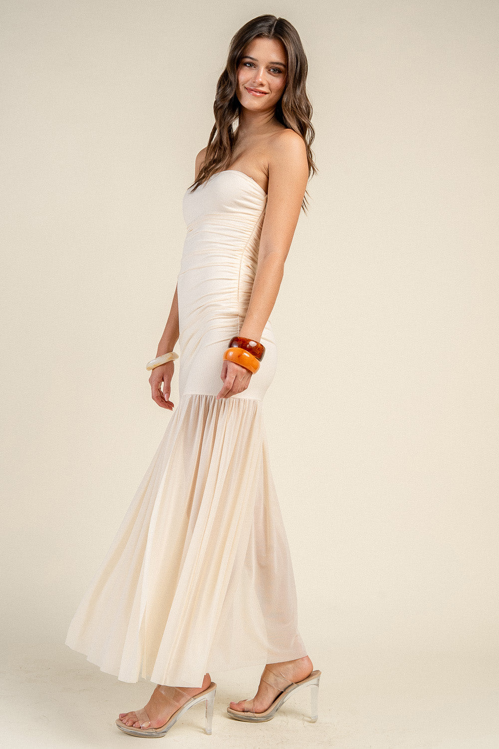STRAPLESS RUCHED BODICE DROP WAIST MAXI DRESS - Image 8
