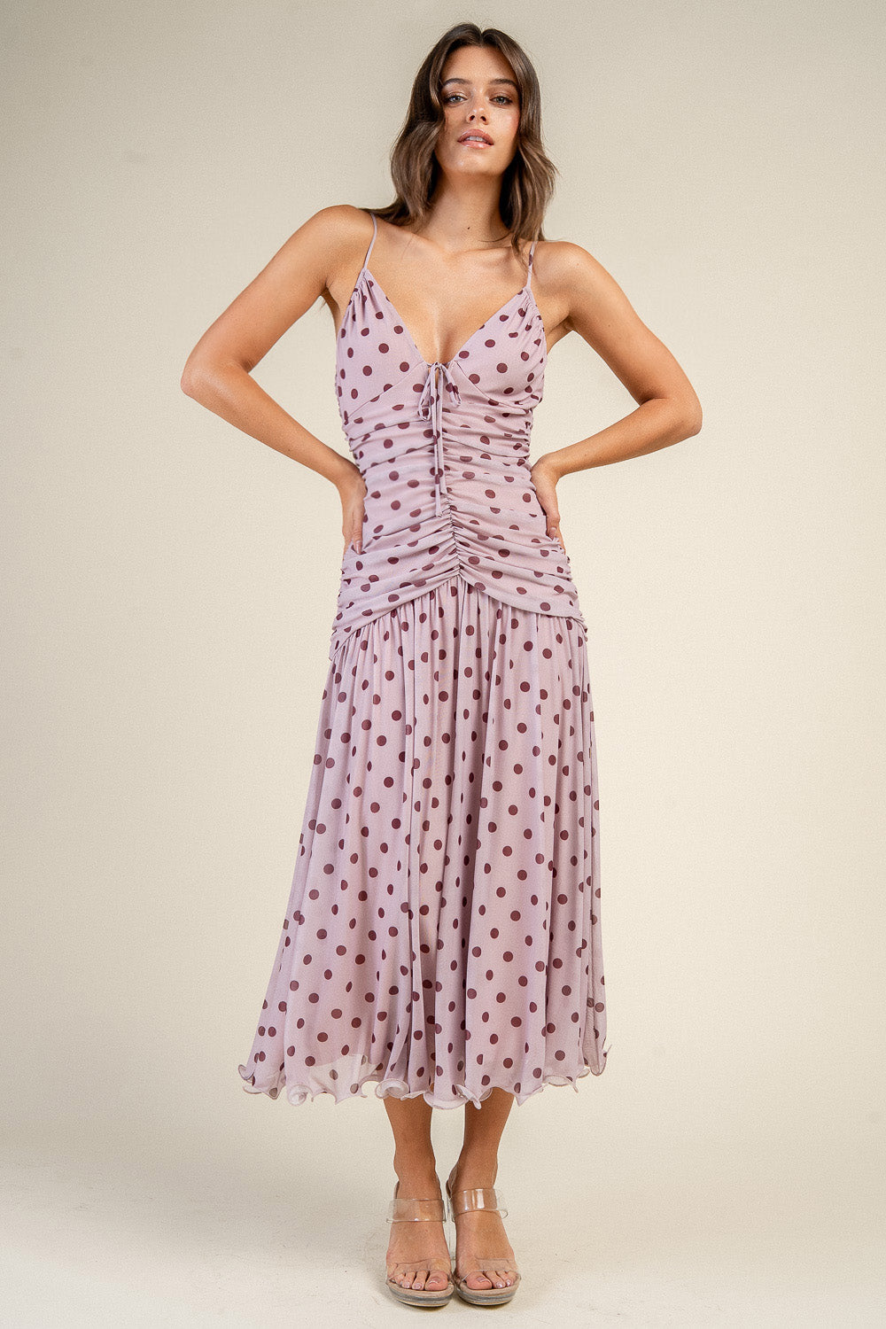 Rosalie Polka Dot Ruched Midi Dress - Image 2