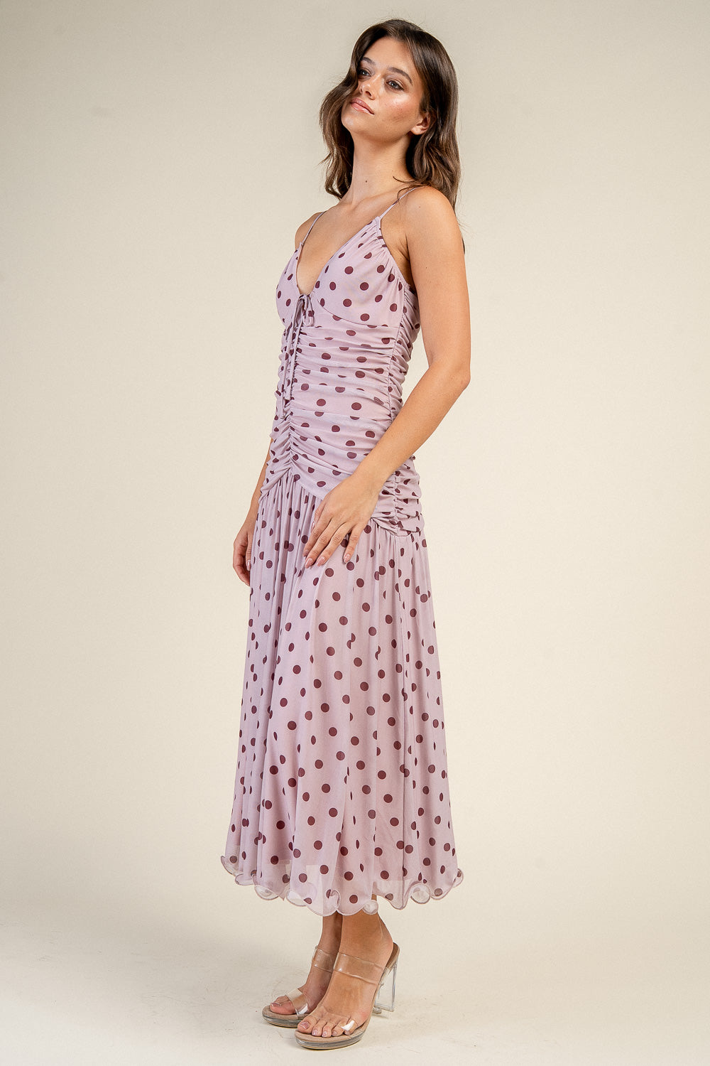 Rosalie Polka Dot Ruched Midi Dress - Image 4