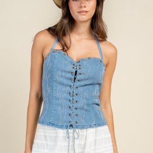 WESTERN STITCH LACE-UP DENIM HALTER TOP