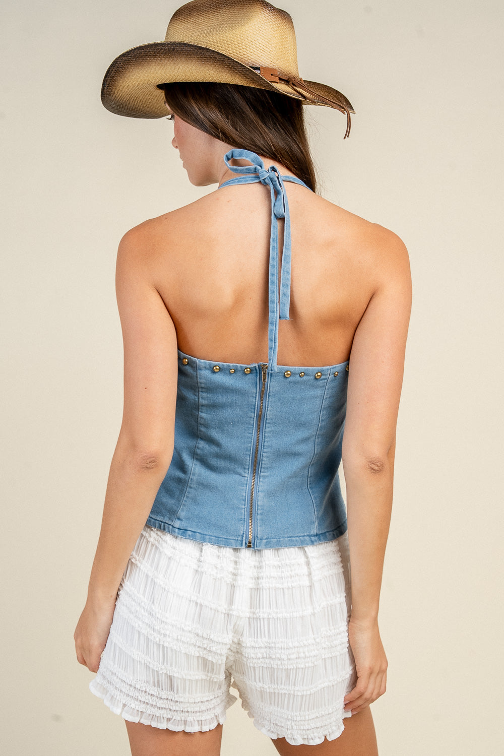 WESTERN STITCH LACE-UP DENIM HALTER TOP - Image 2