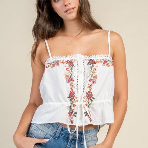 Embroidered Tie Front Cami Top