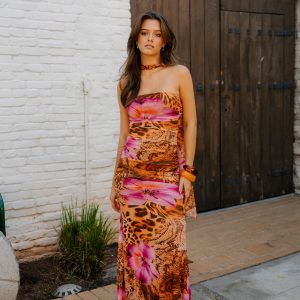 Print Ruched Halter Midi Dress