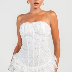 METALLIC LACE RUFFLE HEM MINI DRESS