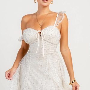 OFF THE SHOULDER EMBELLISHMENT A-LINE MINI DRESS