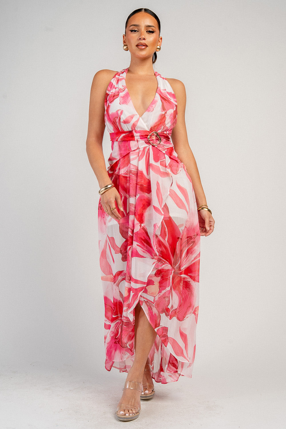 Tropical Floral Halter High-Low Maxi Dress - Image 3