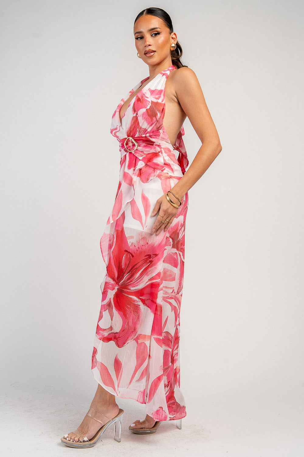 Tropical Floral Halter High-Low Maxi Dress - Image 4