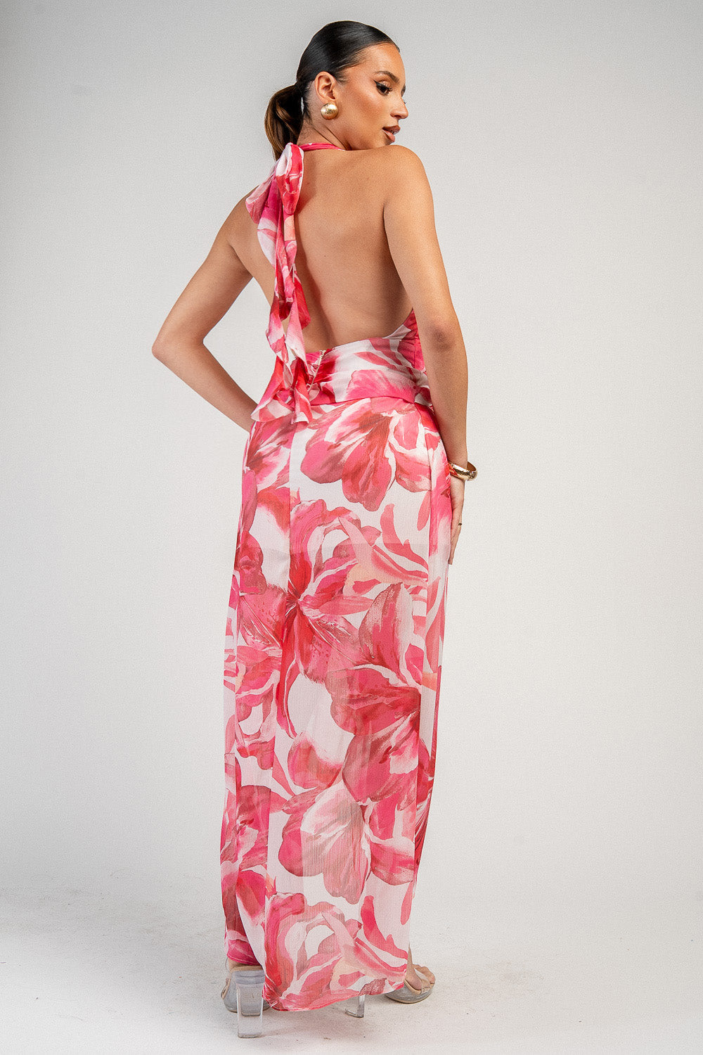 Tropical Floral Halter High-Low Maxi Dress - Image 5