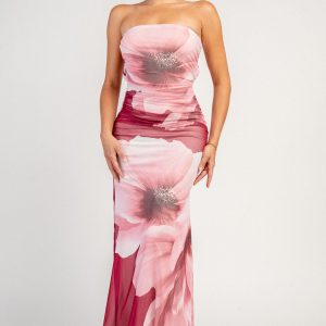 Strapless Floral Mesh Maxi Dress