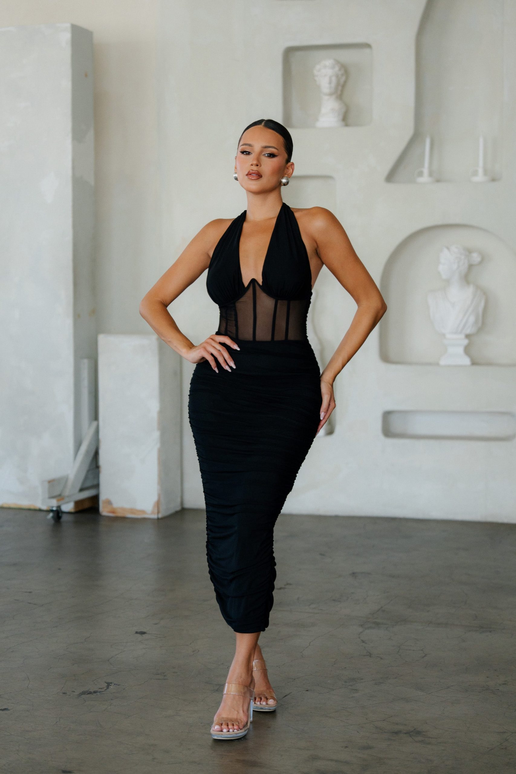Ruched Mesh Corset Halter Maxi Dress - Image 4