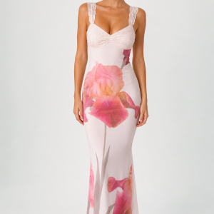 Lace Trim Floral Print Open Back Maxi Dress