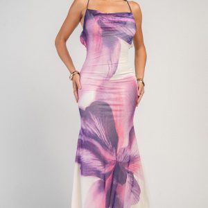 Floral Mesh Cowl Neck Maxi Dress