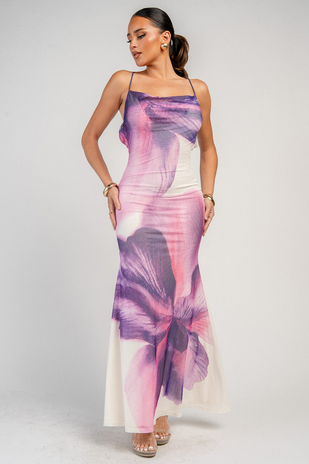 Floral Mesh Cowl Neck Maxi Dress