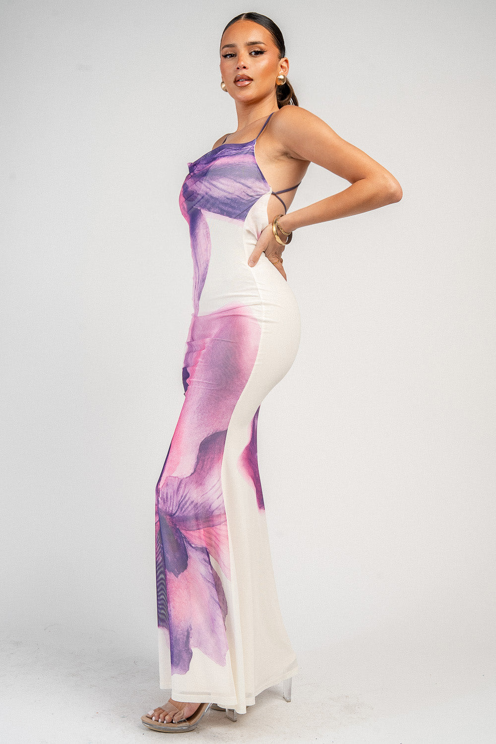 Floral Mesh Cowl Neck Maxi Dress - Image 3