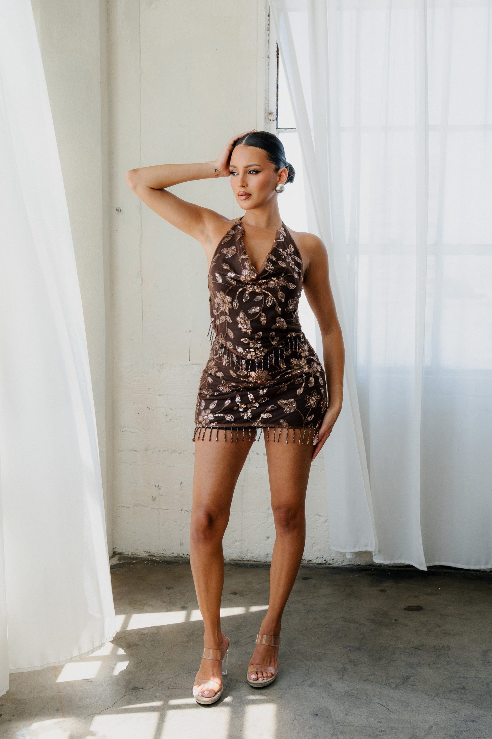 Sequin Floral Halter Mini Dress with Beaded Fringe - Image 4