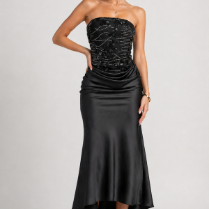 STRAPLESS ROUNDED NECKLINE EMBELLISHMENT MIDI DRESS